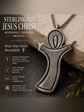 Sterling 925 Jesus Pendant Brooch pin Vintage Modernist 2”